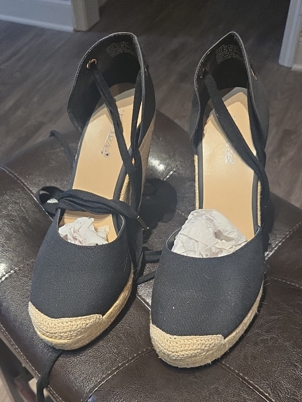 Shoe Dazzle Black Espadrille Wedge Ankle Tie Sandals